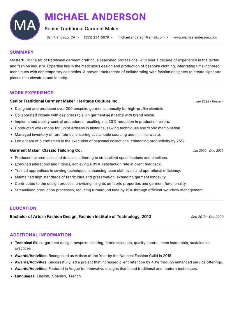 Traditional Garment Maker Resume Preview Example