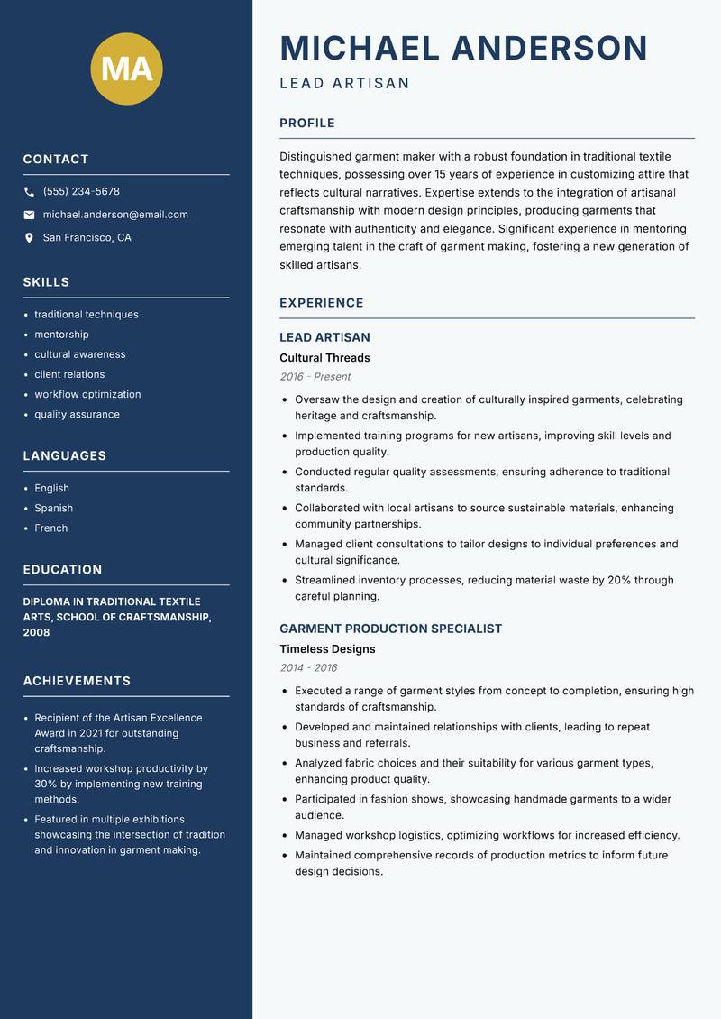 Traditional Garment Maker Resume Preview Example