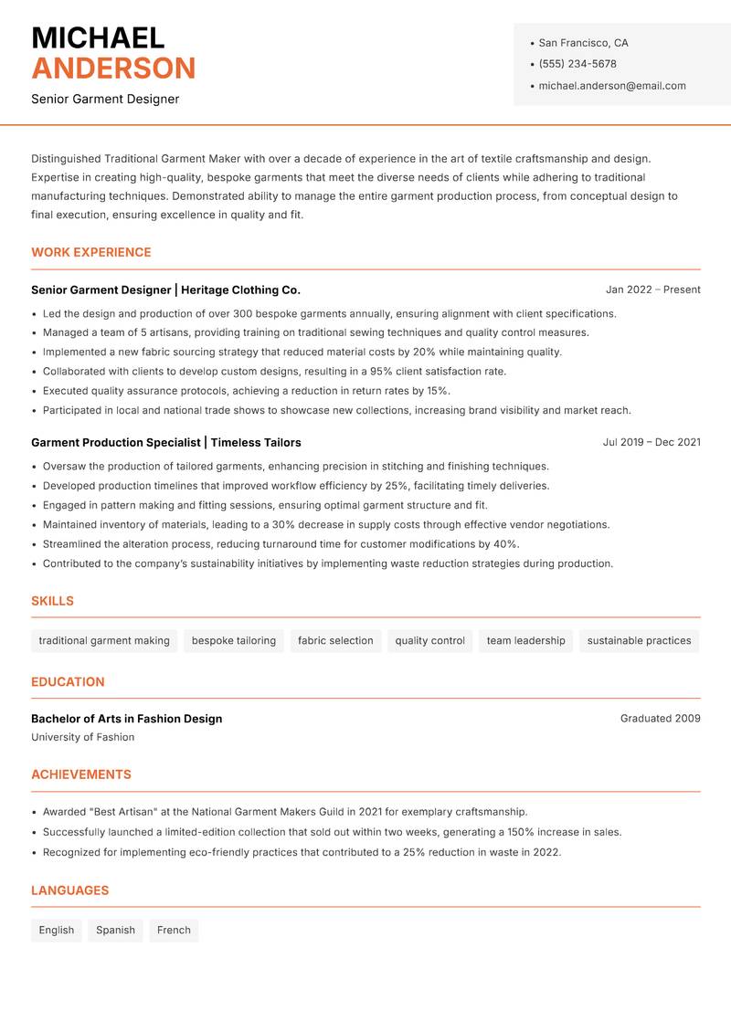 Traditional Garment Maker Resume Template