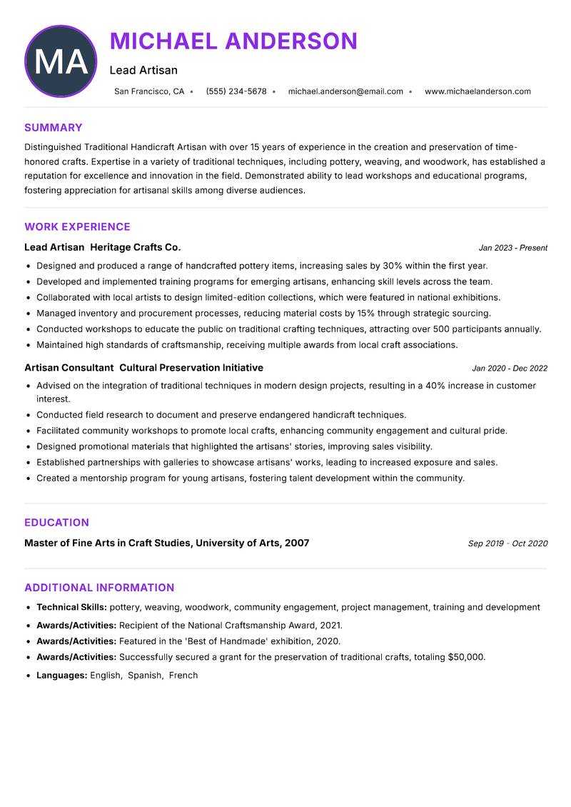 Traditional Handicraft Artisan Resume Preview Example