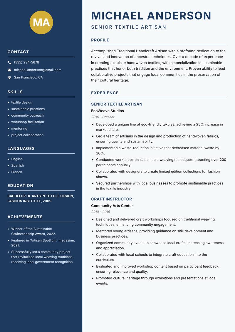 Traditional Handicraft Artisan Resume Preview Example