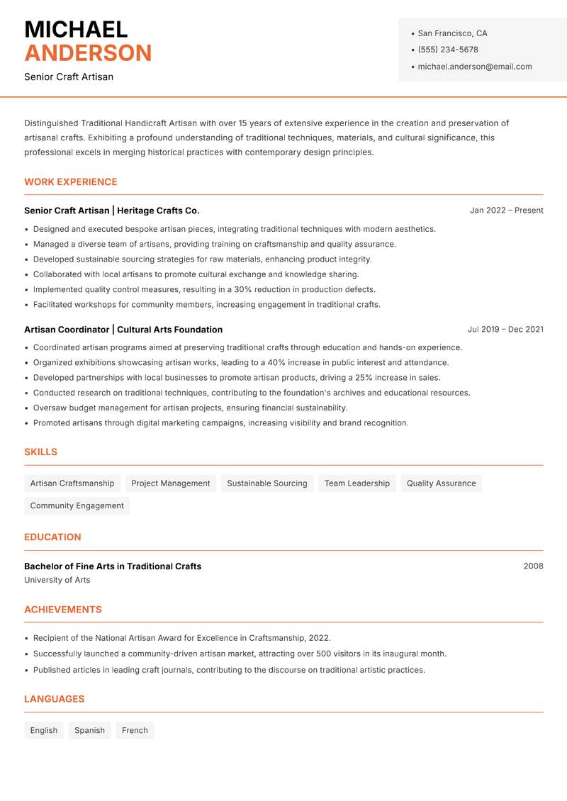 Traditional Handicraft Artisan Resume Template
