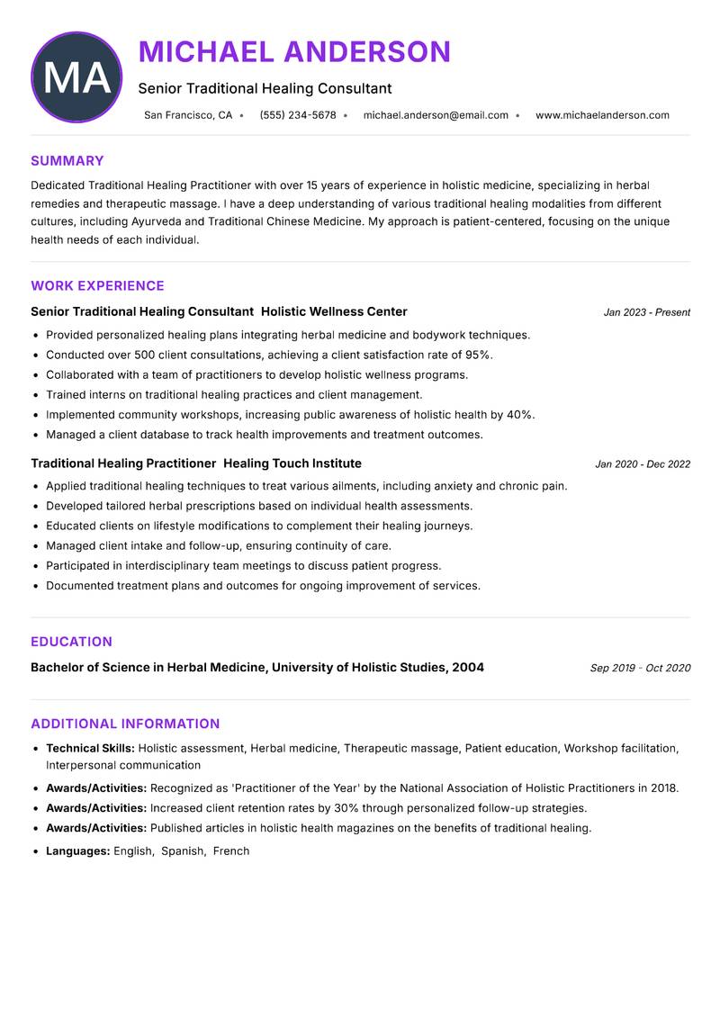 Traditional Healing Practitioner Resume Preview Example