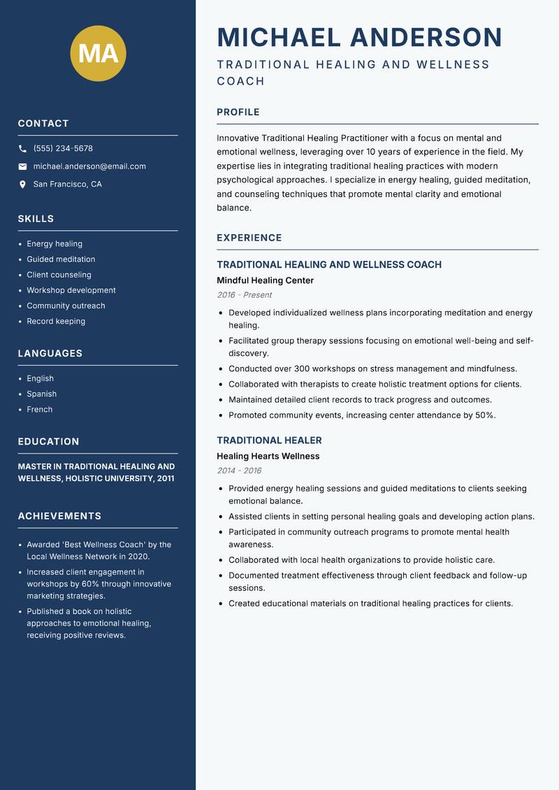 Traditional Healing Practitioner Resume Preview Example