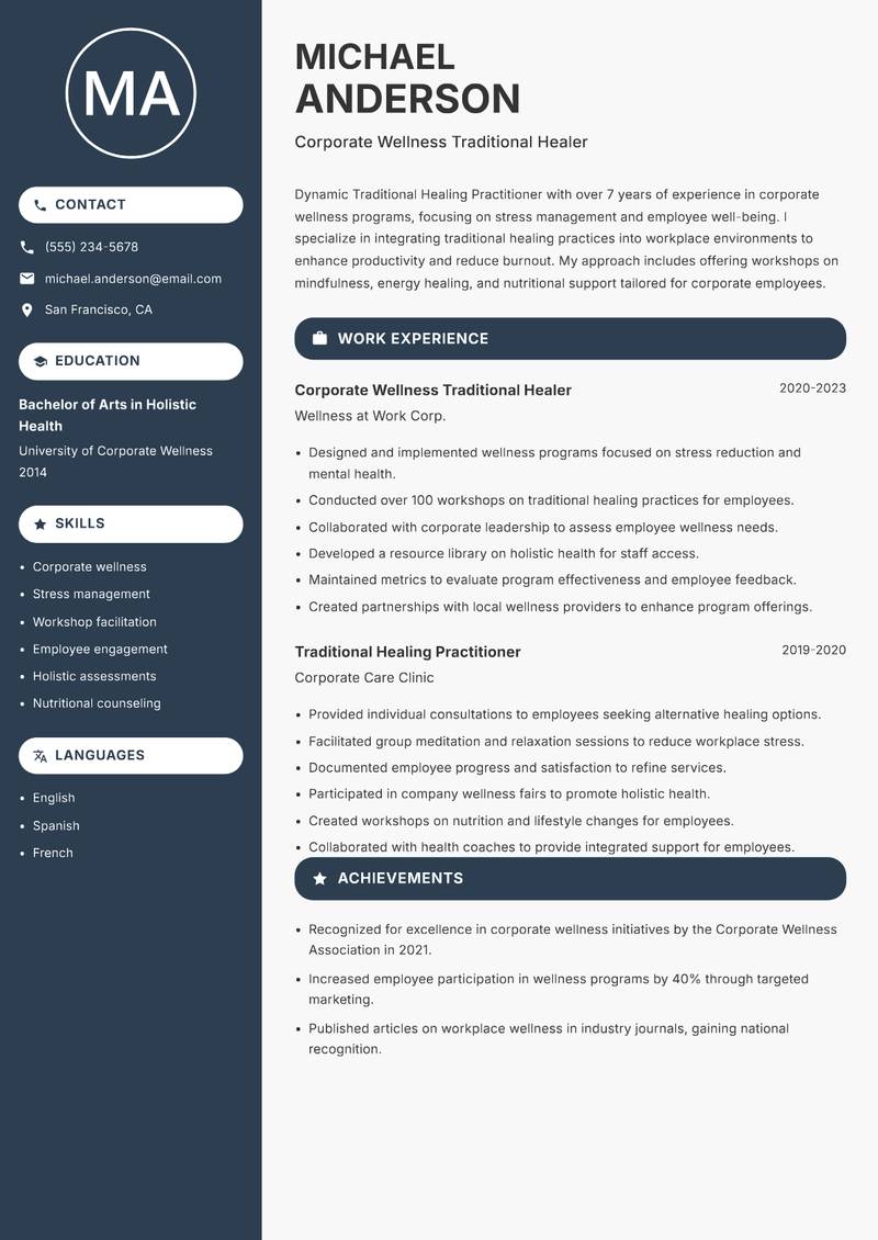 Traditional Healing Practitioner Resume Preview Example