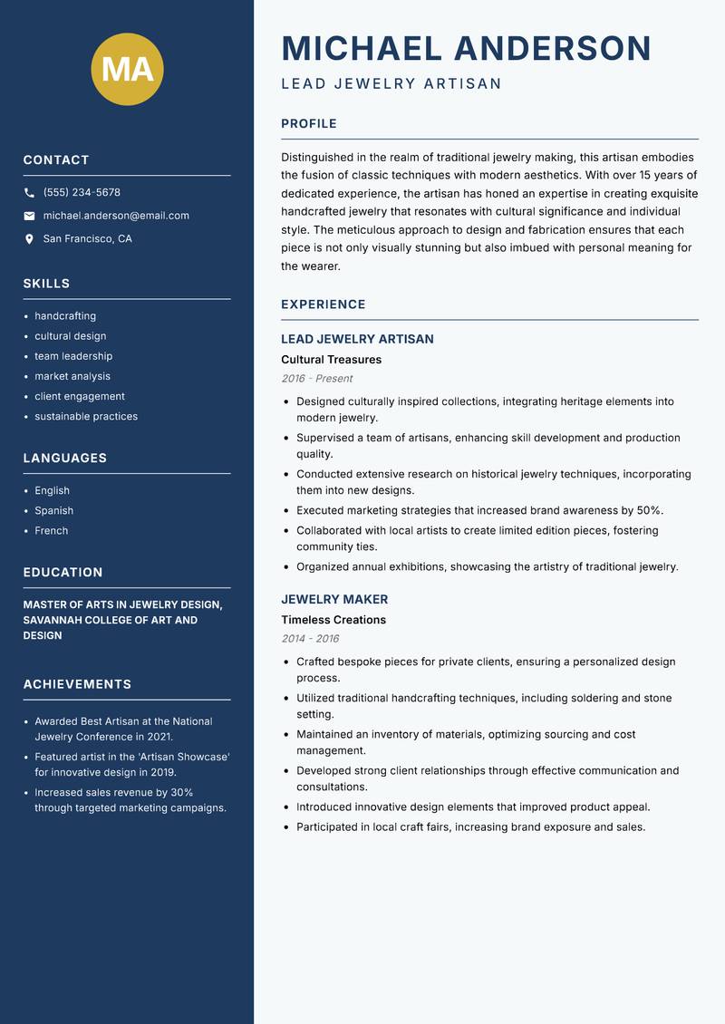 Traditional Jewelry Artisan Resume Preview Example