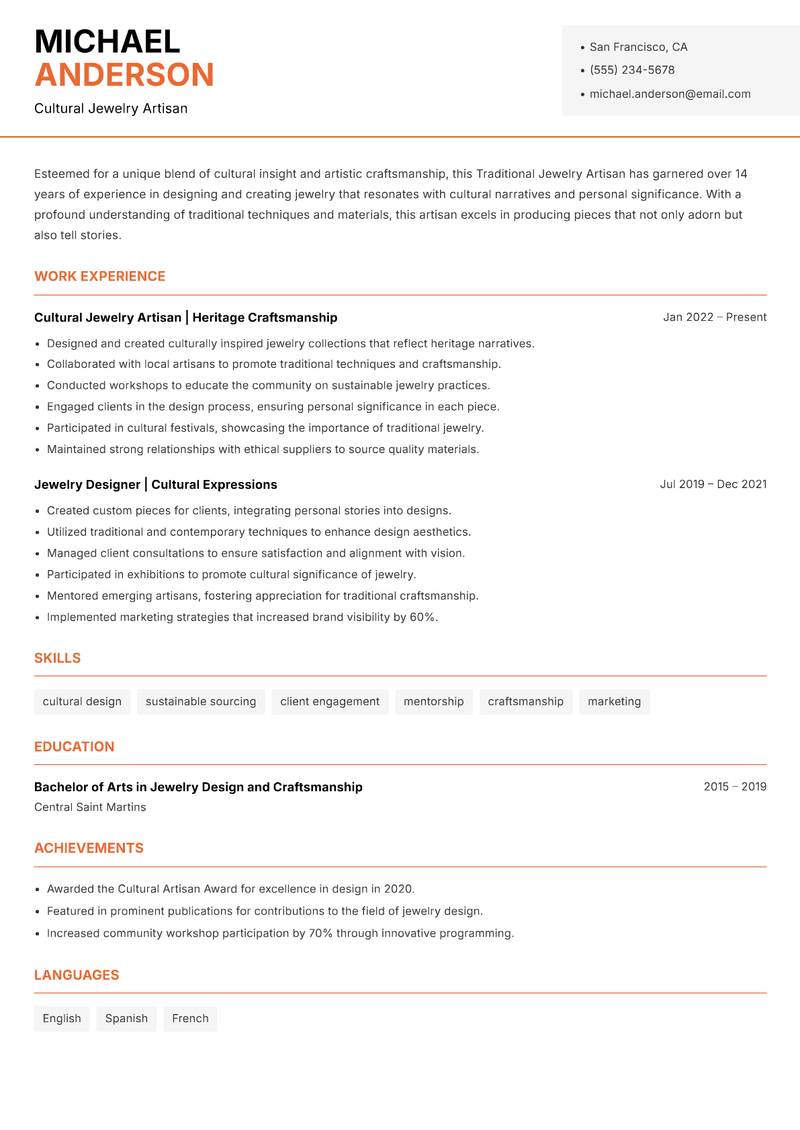 Traditional Jewelry Artisan Resume Template