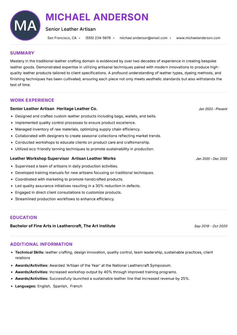 Traditional Leather Artisan Resume Preview Example