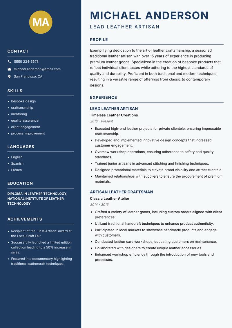 Traditional Leather Artisan Resume Preview Example