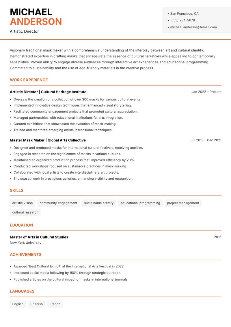 Traditional Mask Maker Resume Template