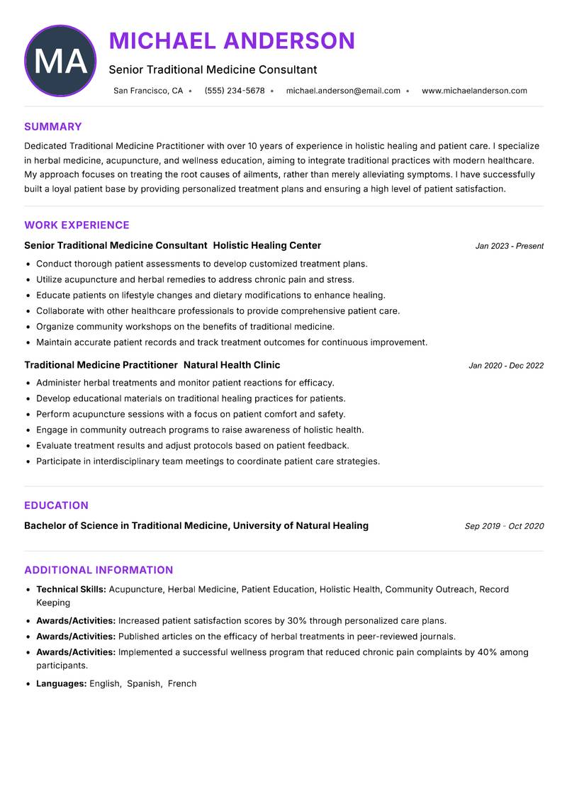 Traditional Medicine Practitioner Resume Preview Example