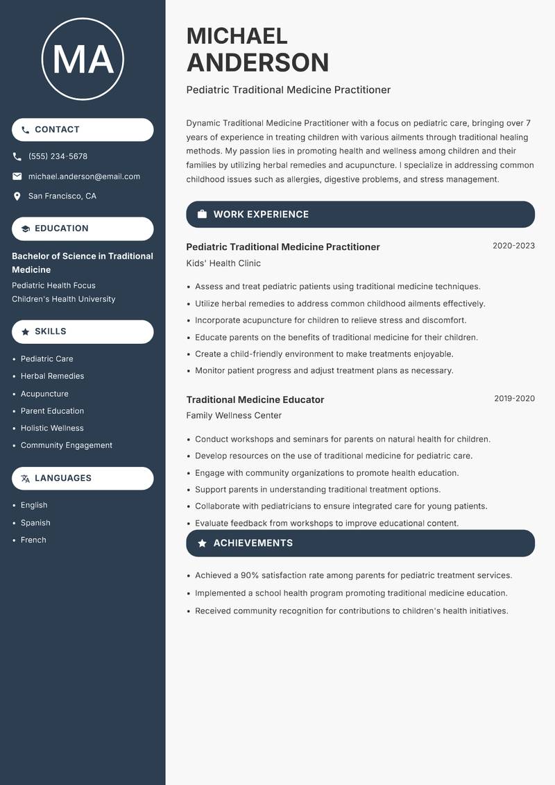 Traditional Medicine Practitioner Resume Preview Example