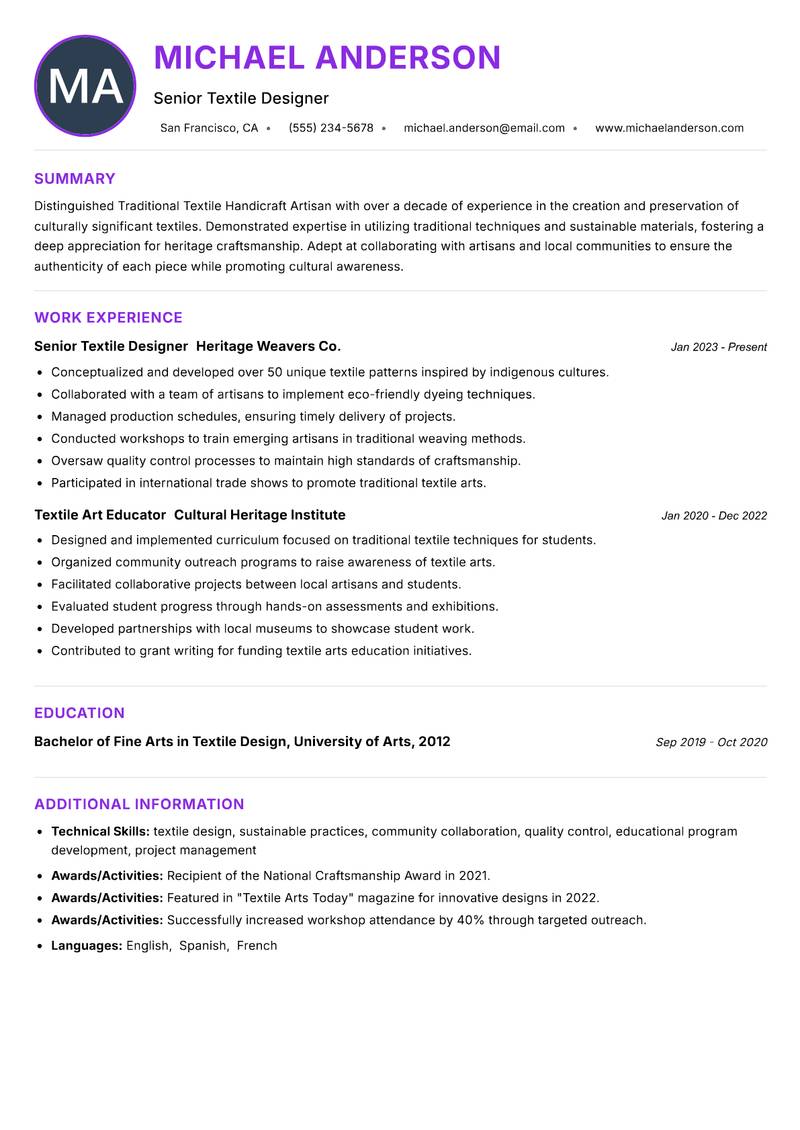 Traditional Textile Handicraft Artisan Resume Preview Example