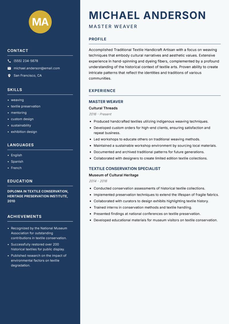 Traditional Textile Handicraft Artisan Resume Preview Example