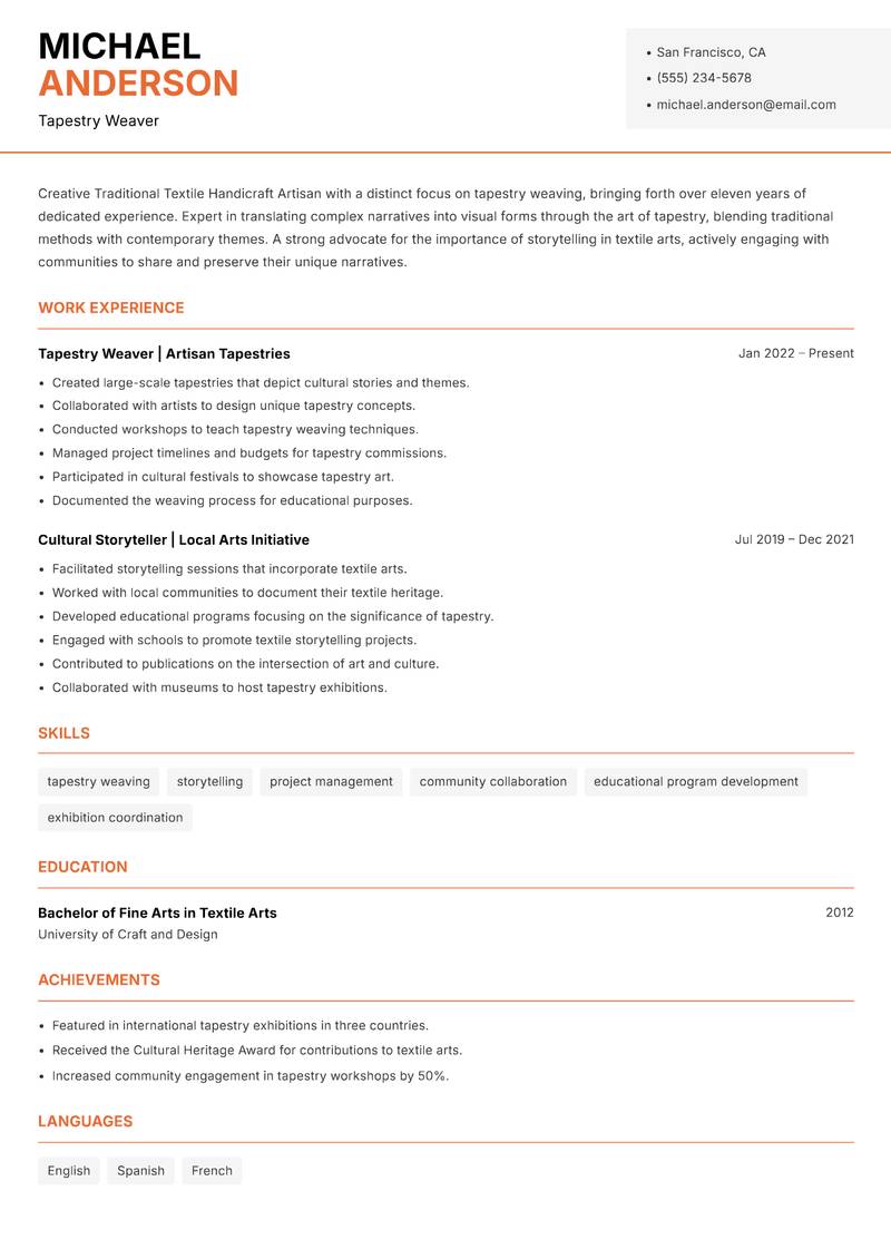 Traditional Textile Handicraft Artisan Resume Template