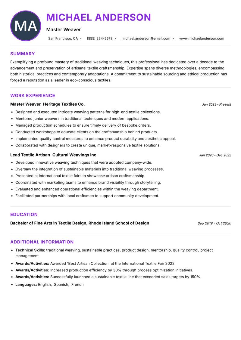 Traditional Weaver Resume Preview Example