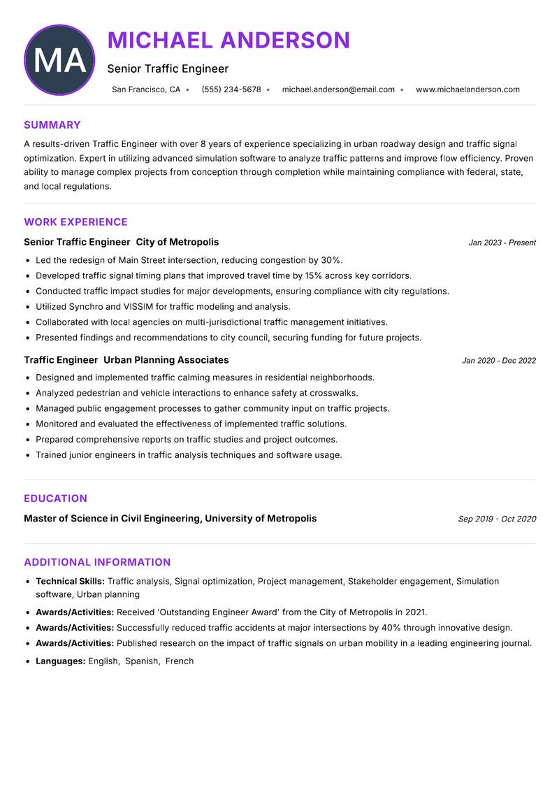 Traffic Engineer Resume Preview Example