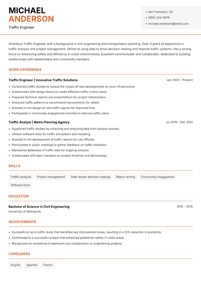 Traffic Engineer Resume Template