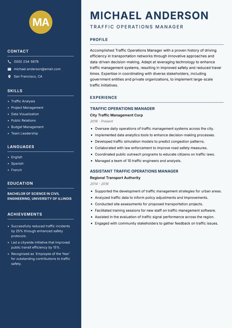 Traffic Operations Manager Resume Preview Example