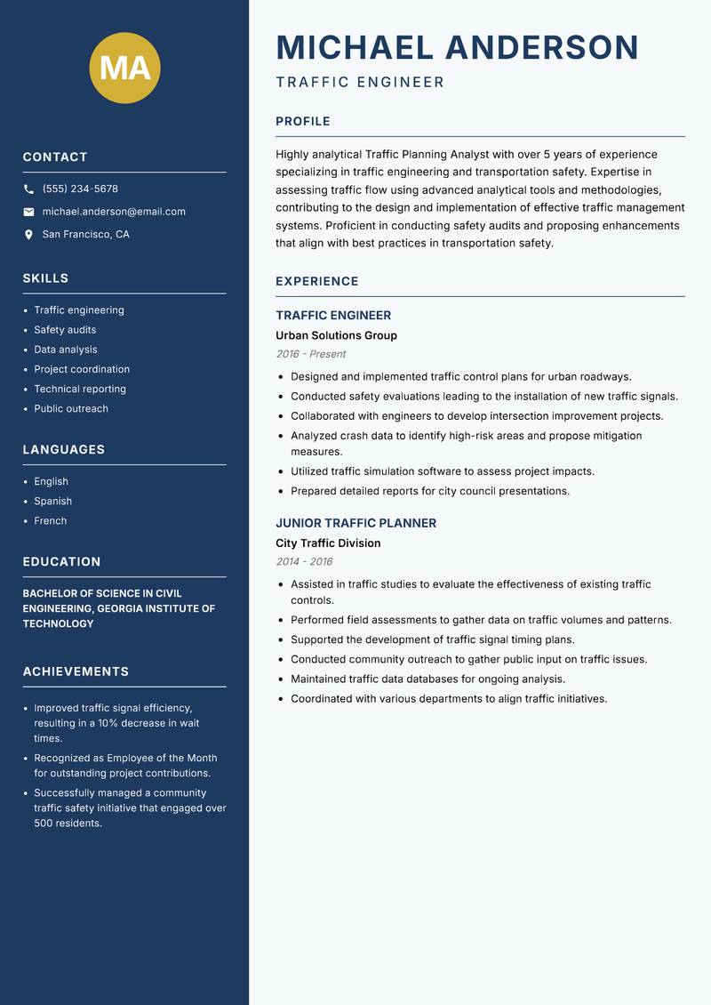 Traffic Planning Analyst Resume Preview Example