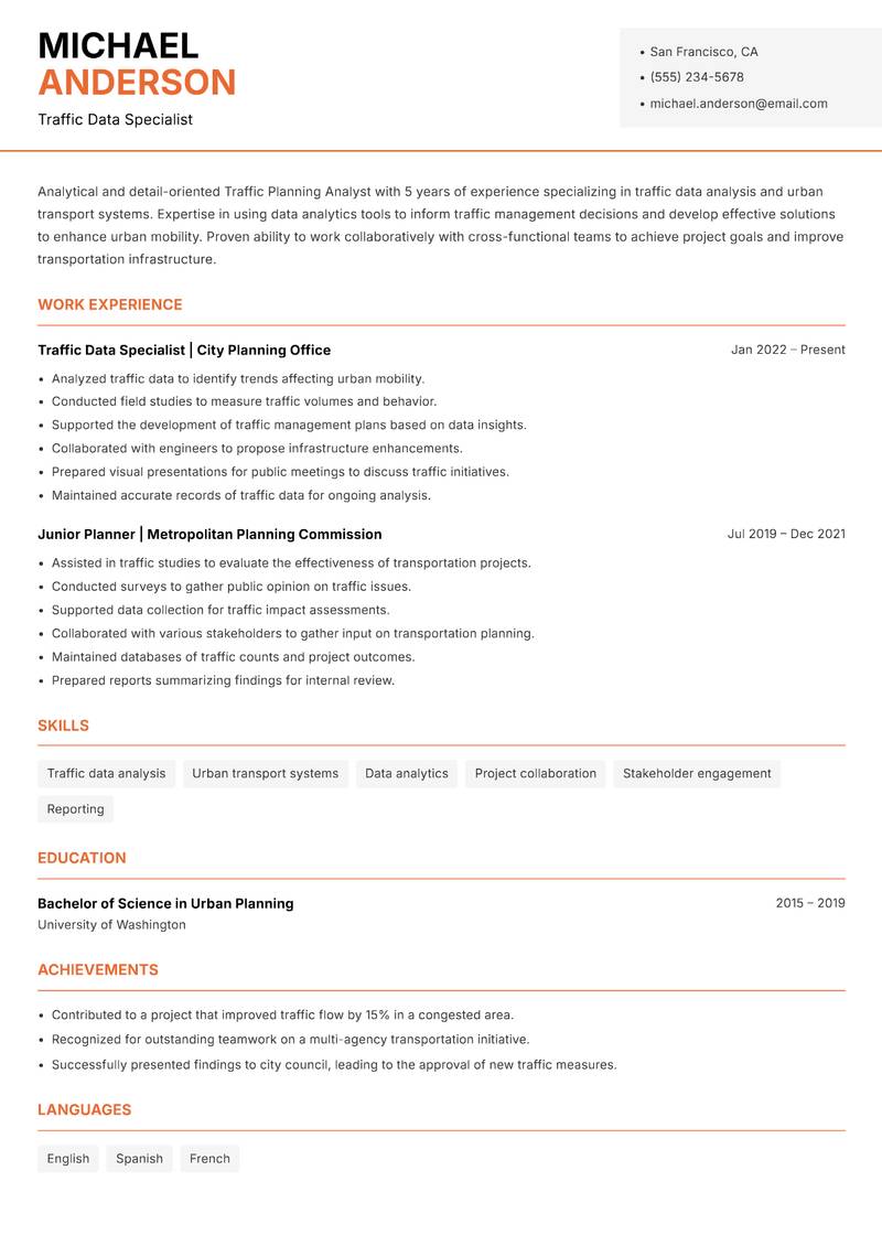 Traffic Planning Analyst Resume Template