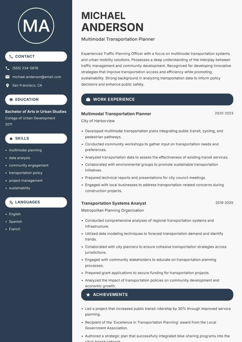 Traffic Planning Officer Resume Preview Example