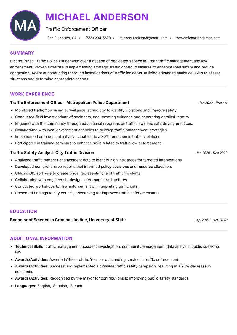 Traffic Police Officer Resume Preview Example