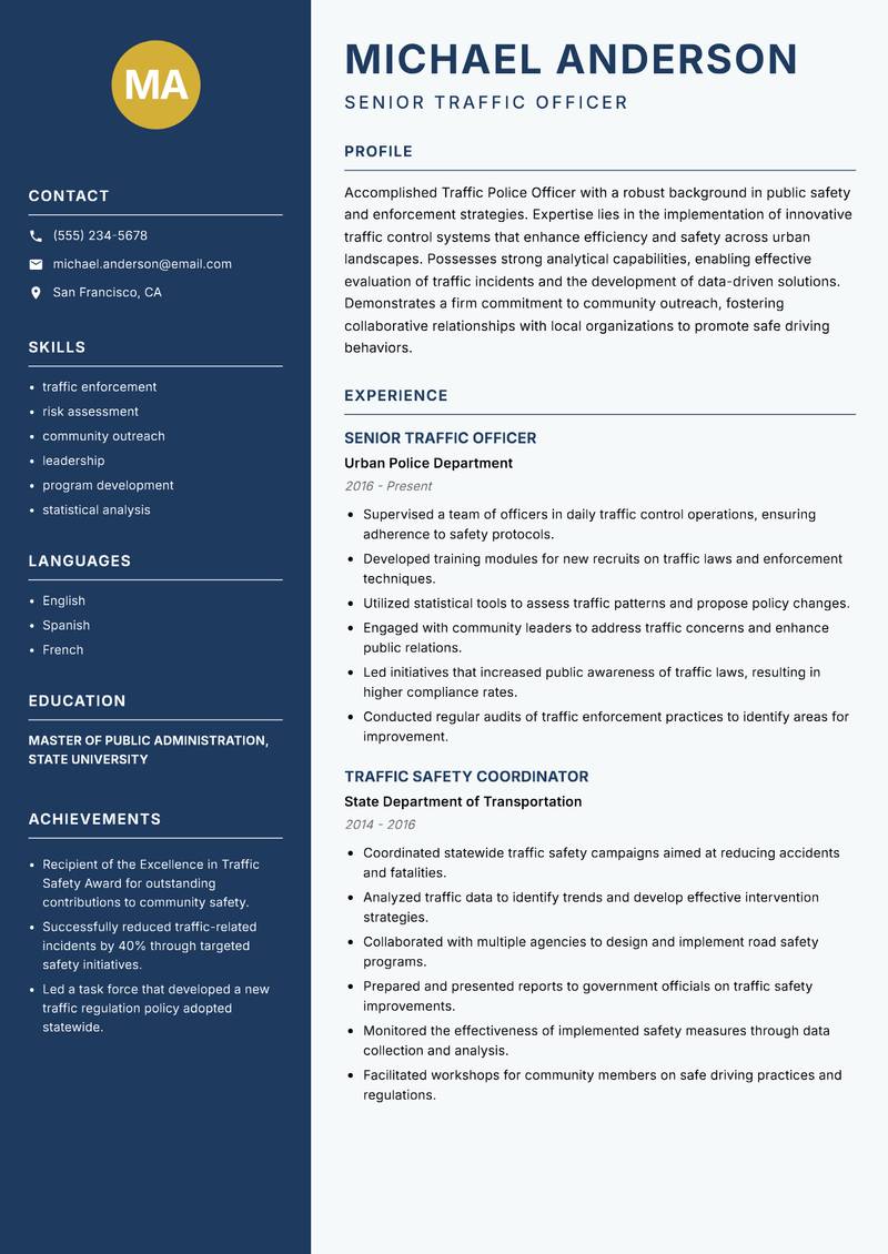 Traffic Police Officer Resume Preview Example