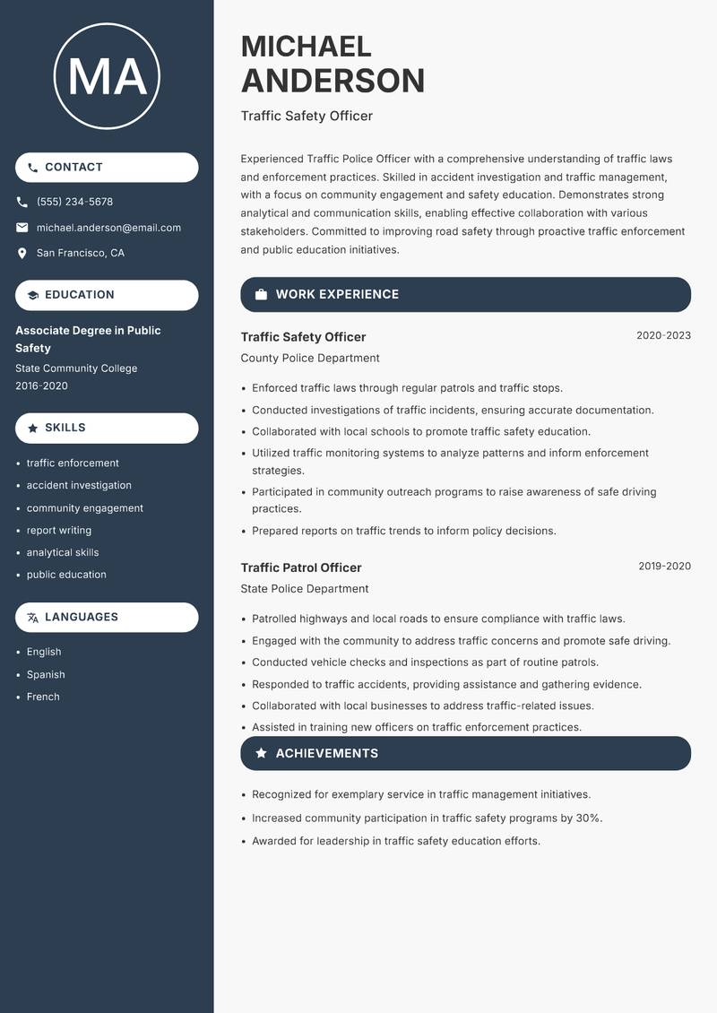 Traffic Police Officer Resume Preview Example