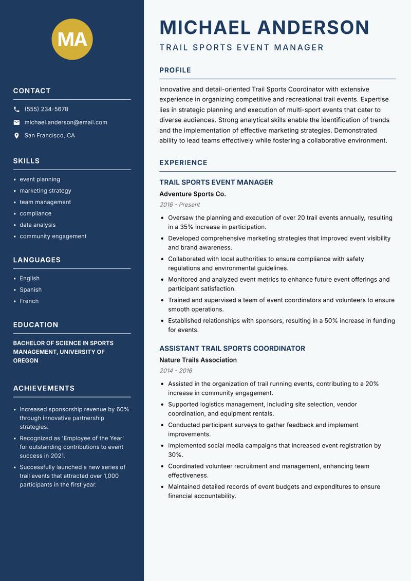 Trail Sports Coordinator Resume Preview Example