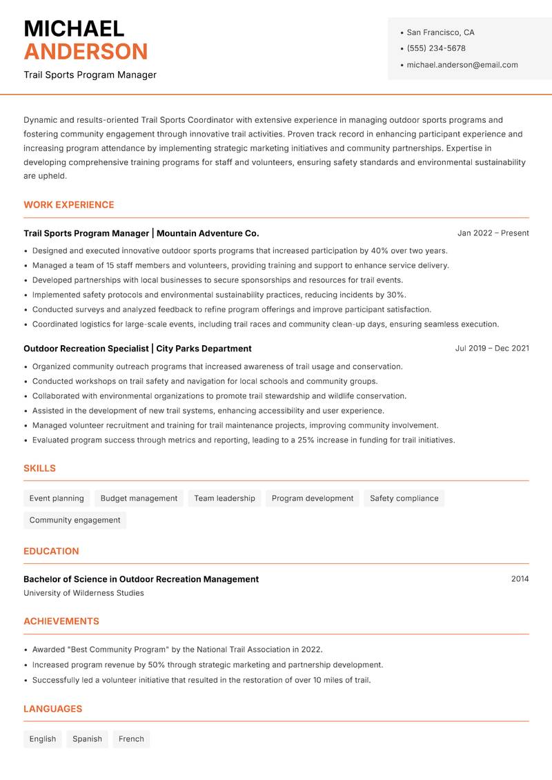 Trail Sports Coordinator Resume Template