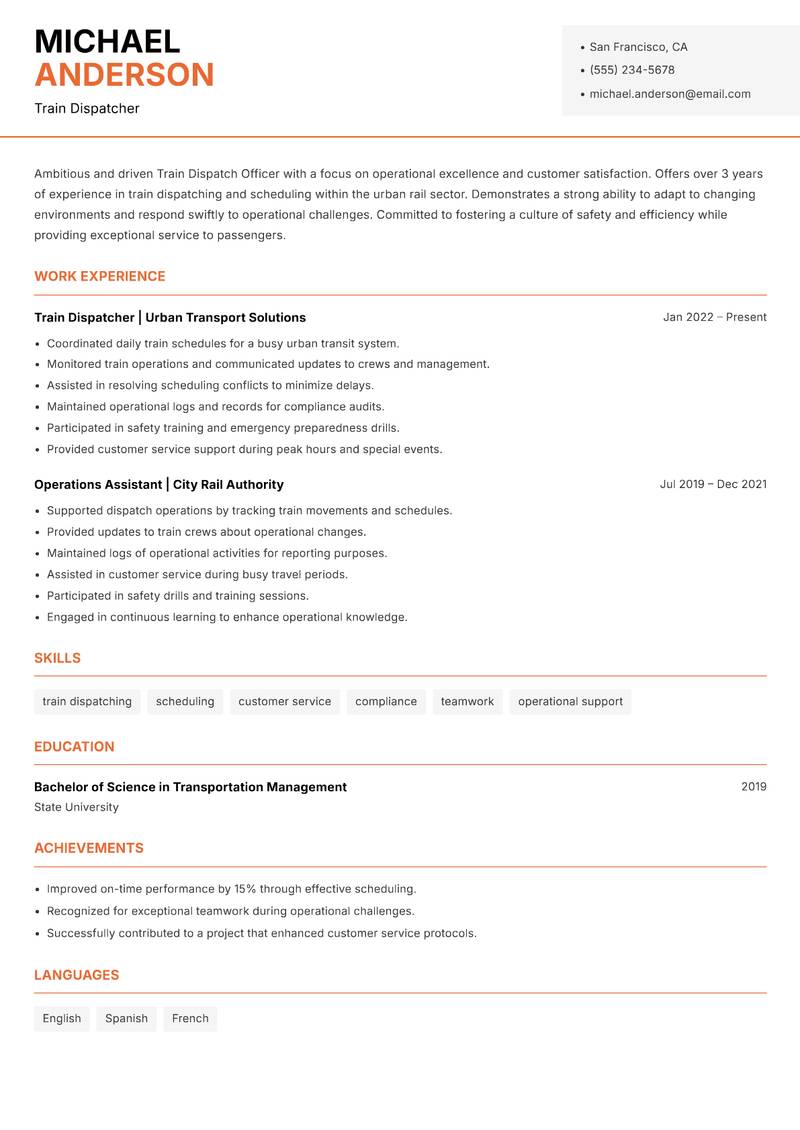 Train Dispatch Officer Resume Template
