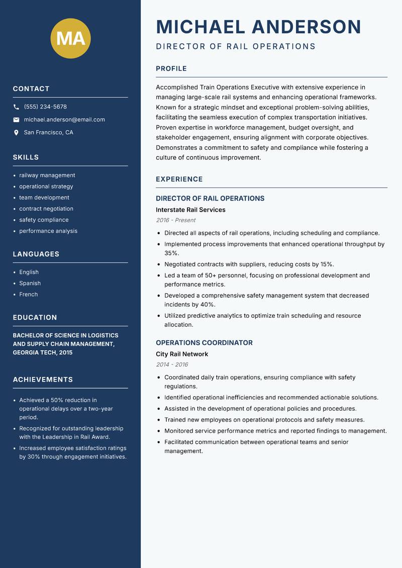 Train Operations Executive Resume Preview Example
