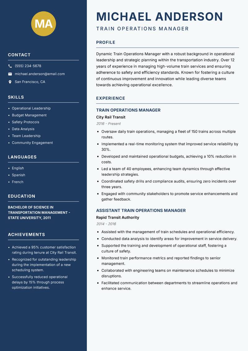 Train Operations Manager Resume Preview Example