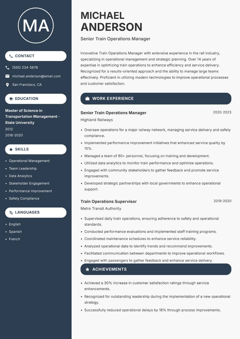 Train Operations Manager Resume Preview Example