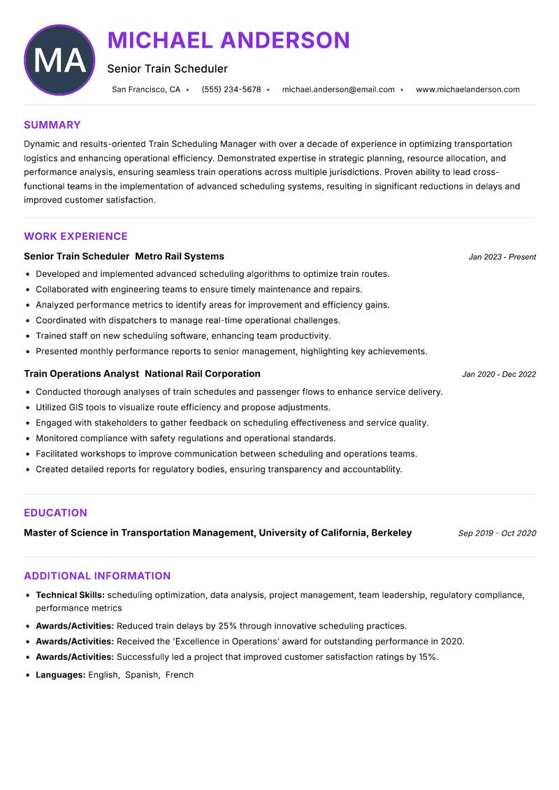 Train Scheduling Manager Resume Preview Example