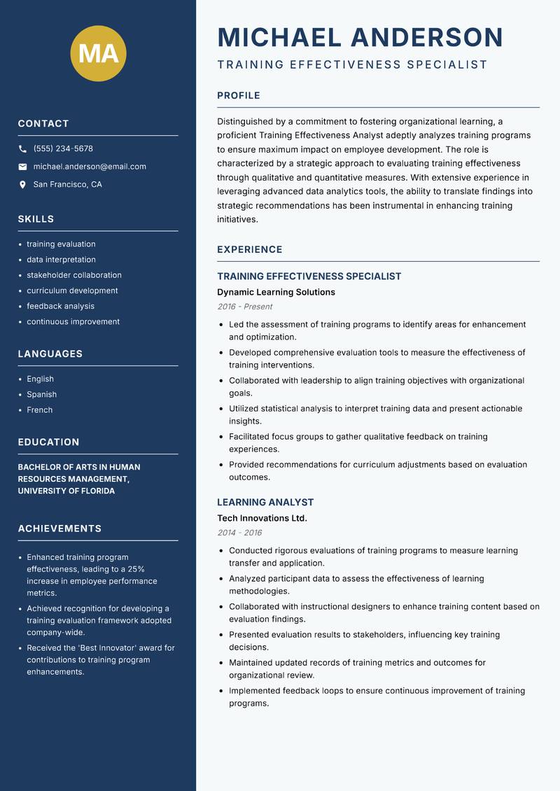 Training Effectiveness Analyst Resume Preview Example