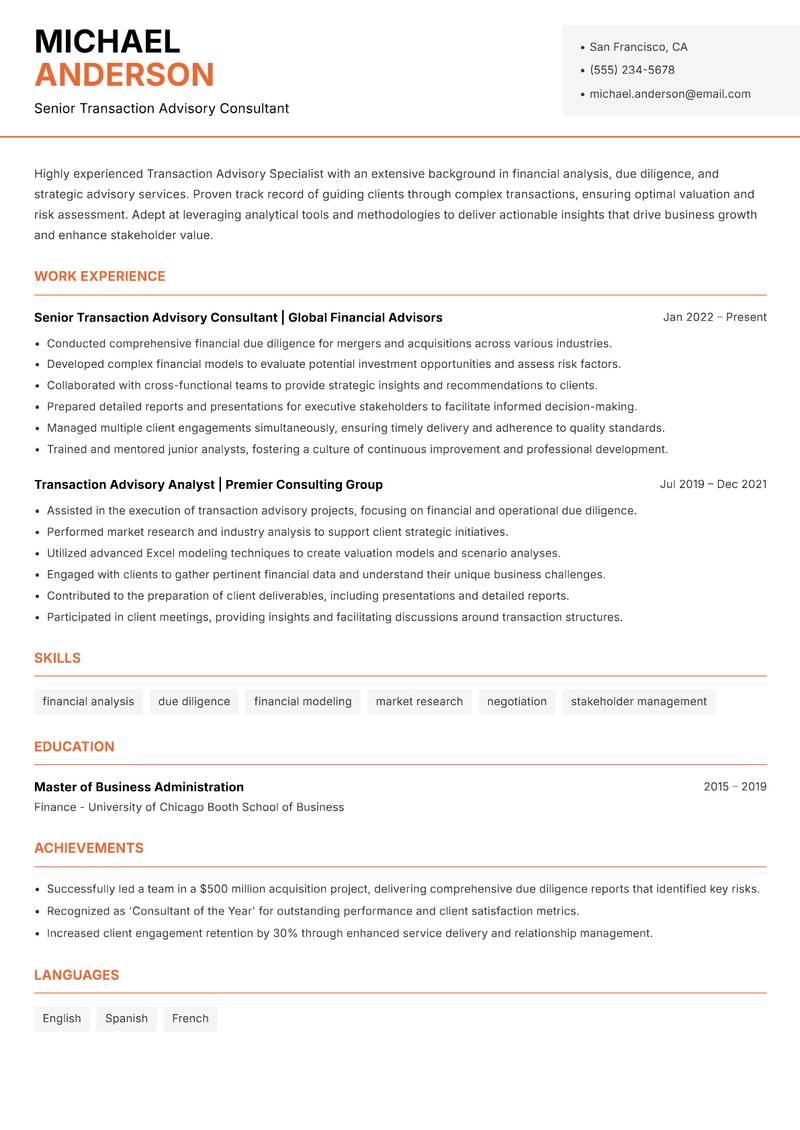 Transaction Advisory Specialist Resume Template