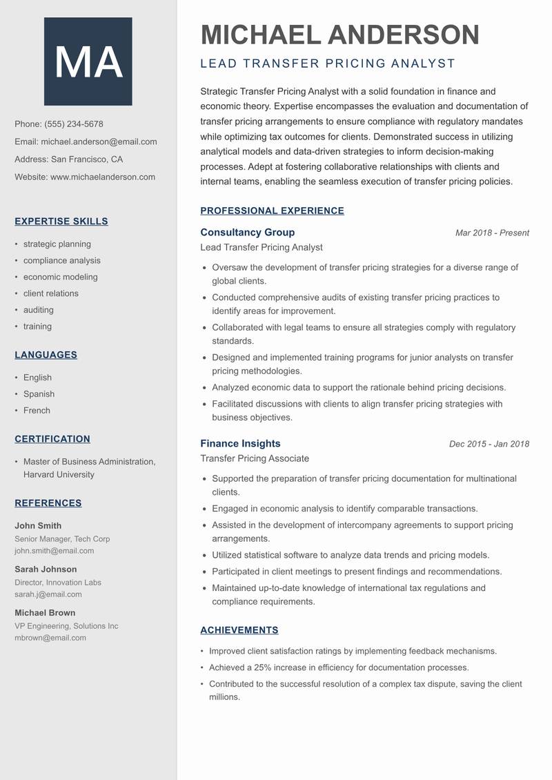 Transfer Pricing Analyst Resume Preview Example