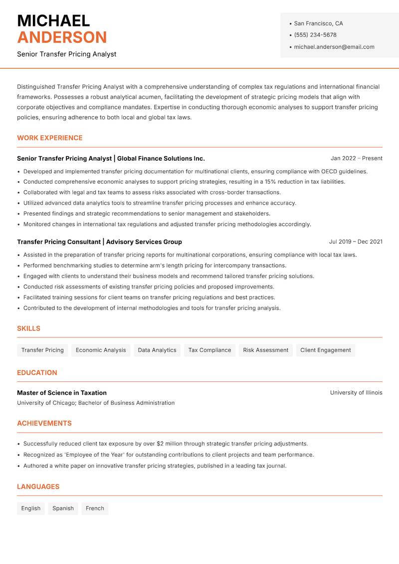 Transfer Pricing Analyst Resume Template