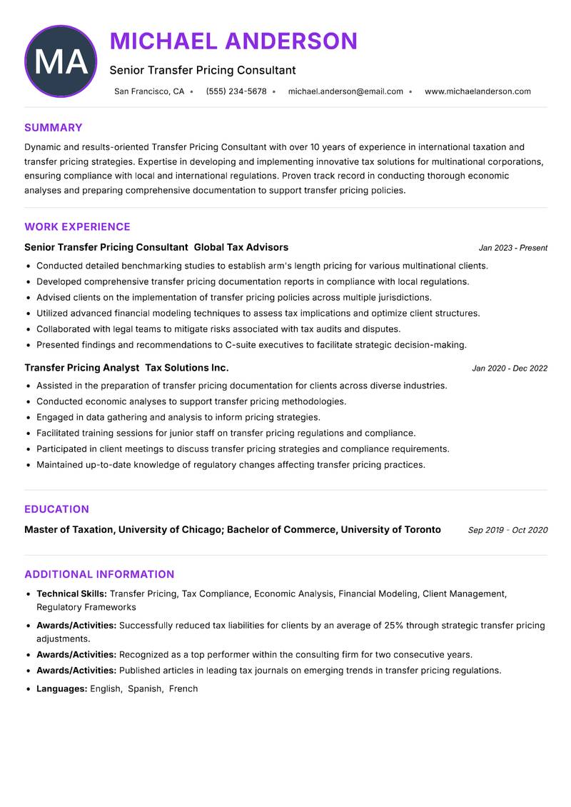 Transfer Pricing Consultant Resume Preview Example
