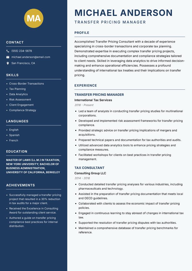 Transfer Pricing Consultant Resume Preview Example