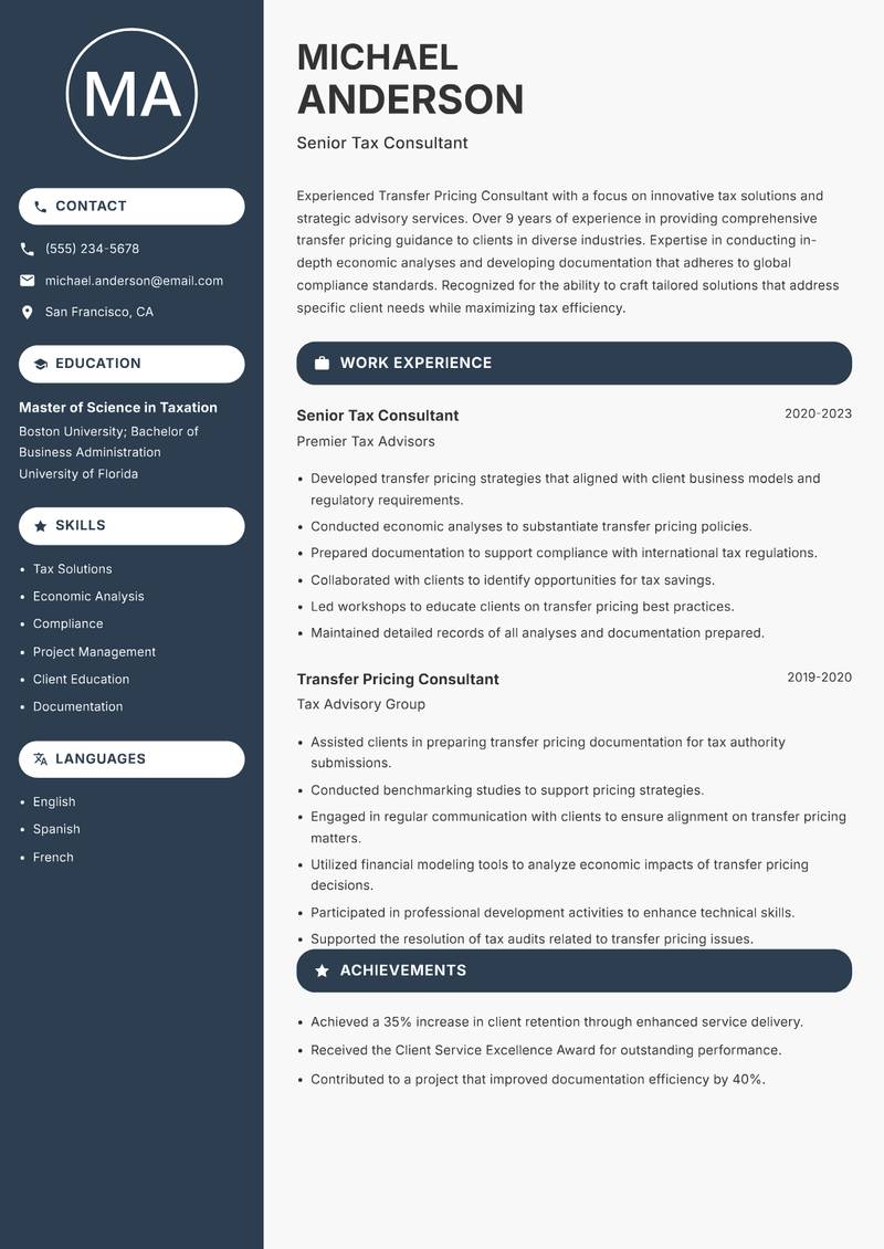 Transfer Pricing Consultant Resume Preview Example