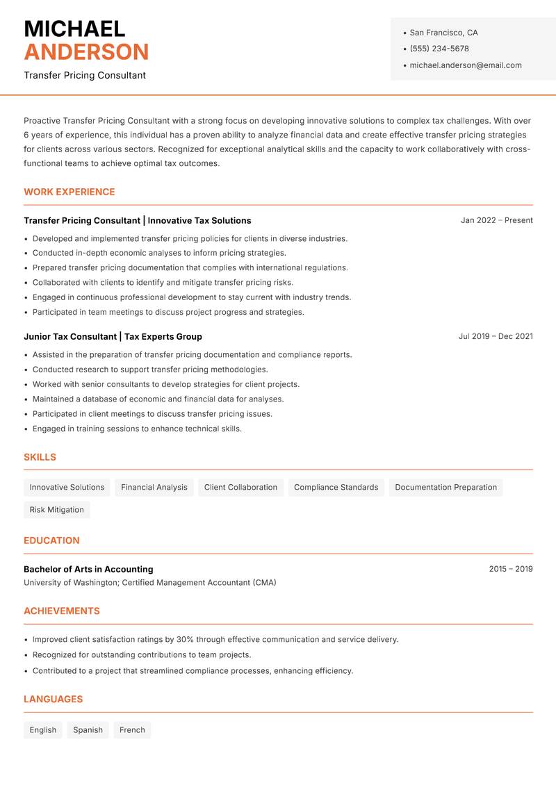 Transfer Pricing Consultant Resume Template