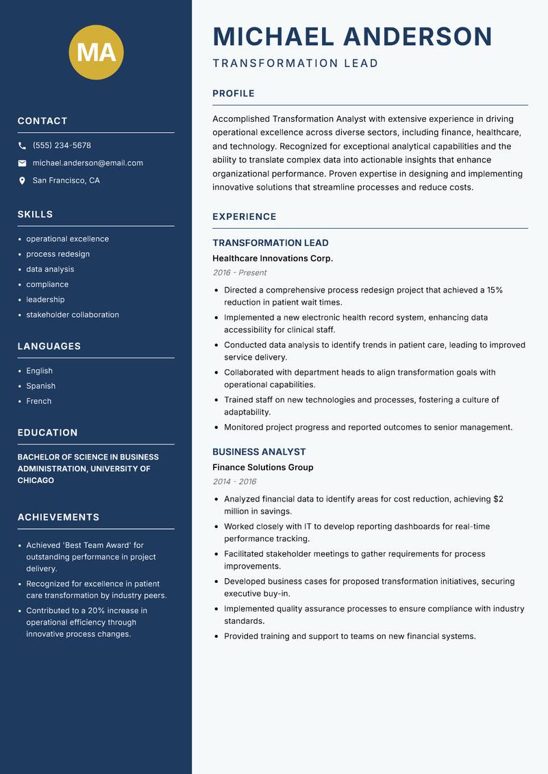 Transformation Analyst Resume Preview Example