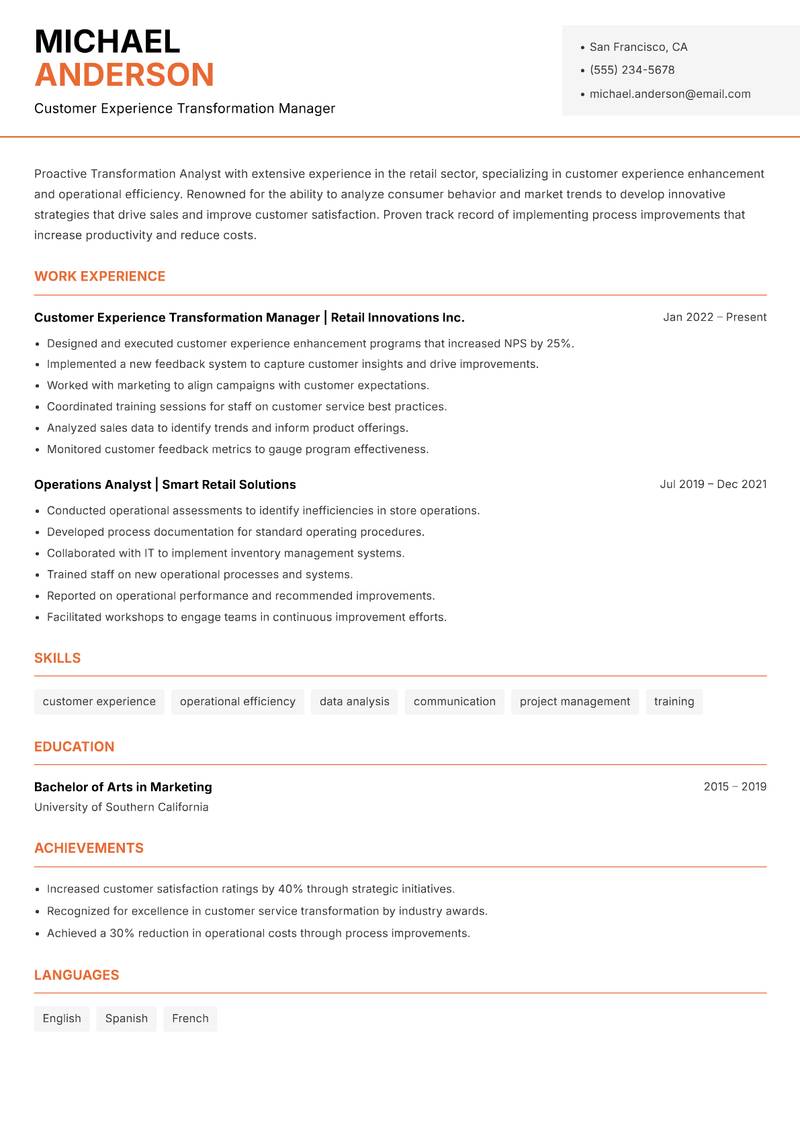Transformation Analyst Resume Template