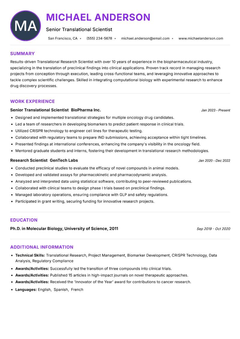 Translational Research Scientist Resume Preview Example