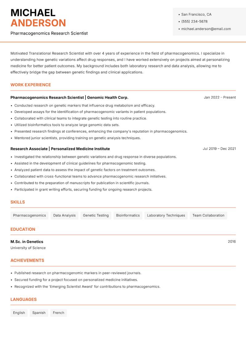 Translational Research Scientist Resume Template