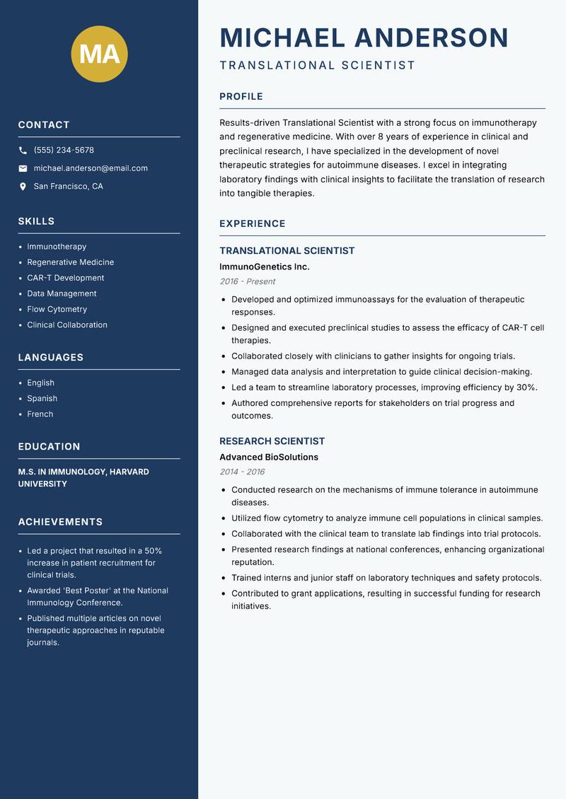 Translational Scientist Resume Preview Example