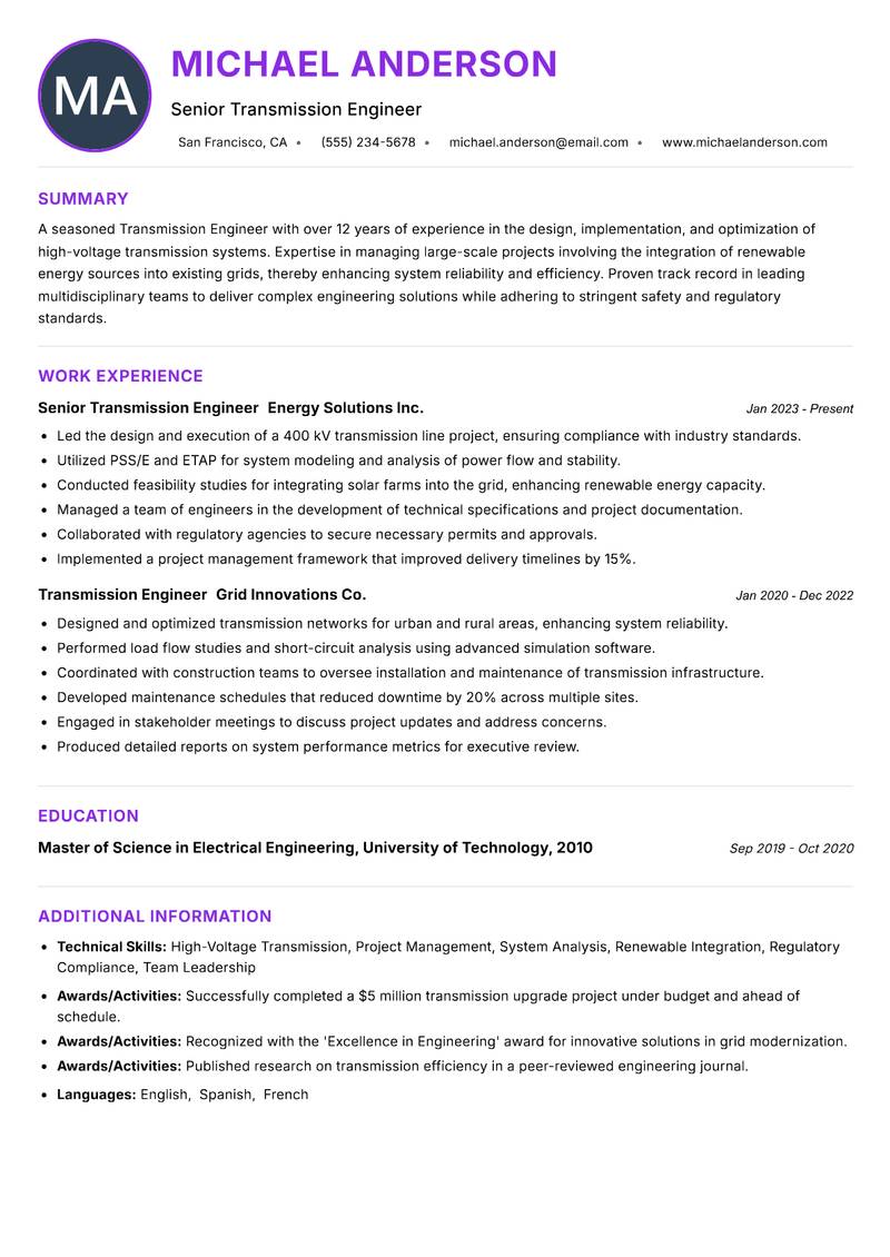 Transmission Engineer Resume Preview Example